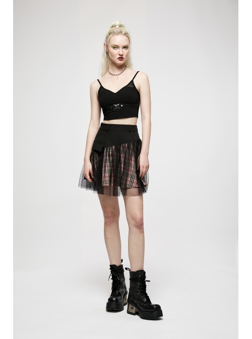 Punk Cotton Splicing Mesh Sweet Pink Plaid Personalized Pocket Decoration Waist Short Skirt