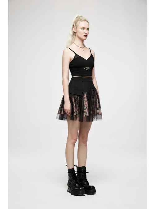 Punk Cotton Splicing Mesh Sweet Pink Plaid Personalized Pocket Decoration Waist Short Skirt