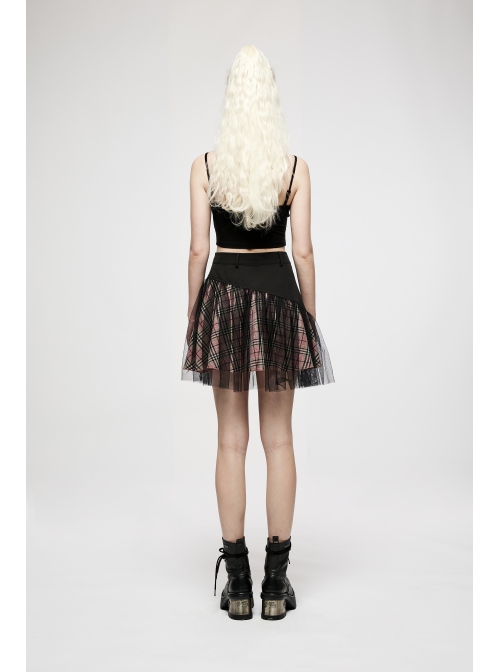 Punk Cotton Splicing Mesh Sweet Pink Plaid Personalized Pocket Decoration Waist Short Skirt