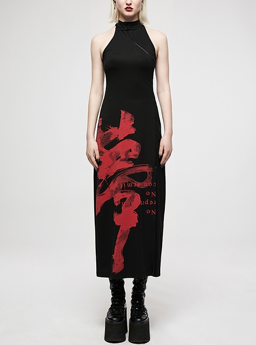 Punk Dark Chinese Style Neck Retro Buckle Design Red Handwritten Ink Print Slit Sexy Sleeveless Long Dress
