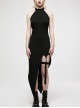 Gothic Dark Personality Black Gradient Jacquard Lace Trim Sexy Waist Irregular Sleeveless Long Dress