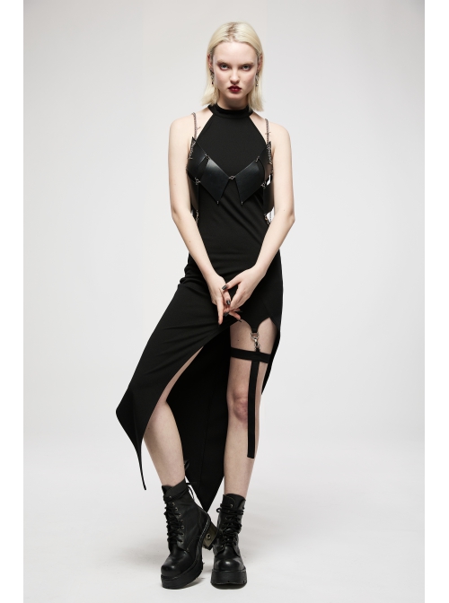 Gothic Dark Personality Black Gradient Jacquard Lace Trim Sexy Waist Irregular Sleeveless Long Dress