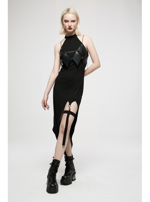 Gothic Dark Personality Black Gradient Jacquard Lace Trim Sexy Waist Irregular Sleeveless Long Dress