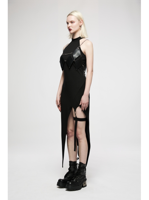 Gothic Dark Personality Black Gradient Jacquard Lace Trim Sexy Waist Irregular Sleeveless Long Dress