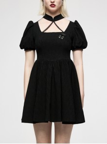 Black Chinese Style Jacquard Elasticity Fabric Puff Sleeves Pleated Waist Design Decorative Webbing Punk Short Dress