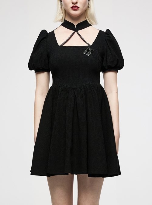 Black Chinese Style Jacquard Elasticity Fabric Puff Sleeves Pleated Waist Design Decorative Webbing Punk Short Dress