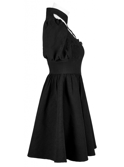 Black Chinese Style Jacquard Elasticity Fabric Puff Sleeves Pleated Waist Design Decorative Webbing Punk Short Dress