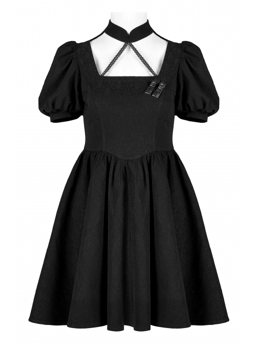 Black Chinese Style Jacquard Elasticity Fabric Puff Sleeves Pleated Waist Design Decorative Webbing Punk Short Dress