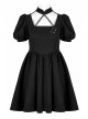Black Chinese Style Jacquard Elasticity Fabric Puff Sleeves Pleated Waist Design Decorative Webbing Punk Short Dress