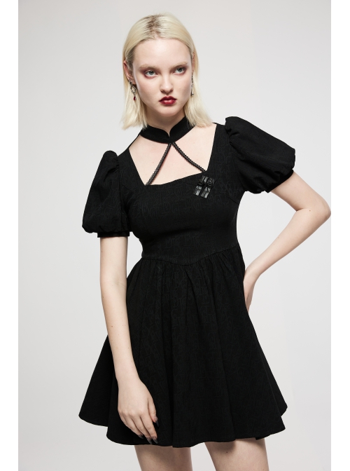 Black Chinese Style Jacquard Elasticity Fabric Puff Sleeves Pleated Waist Design Decorative Webbing Punk Short Dress