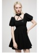 Black Chinese Style Jacquard Elasticity Fabric Puff Sleeves Pleated Waist Design Decorative Webbing Punk Short Dress