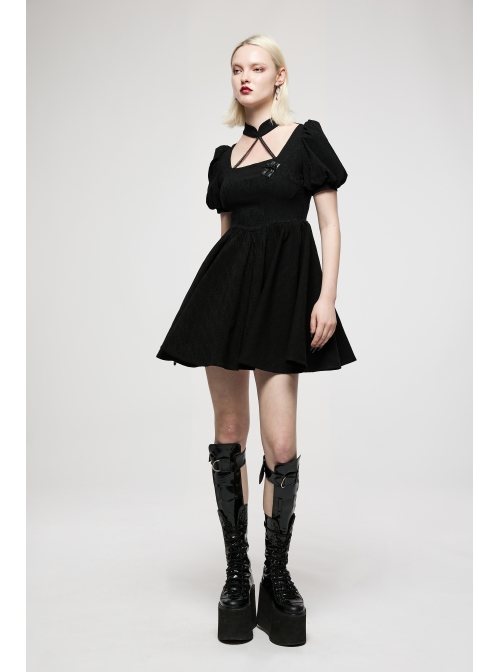 Black Chinese Style Jacquard Elasticity Fabric Puff Sleeves Pleated Waist Design Decorative Webbing Punk Short Dress
