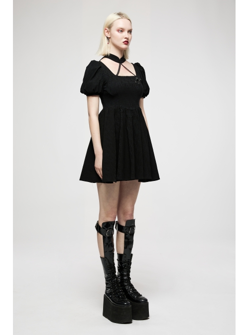 Black Chinese Style Jacquard Elasticity Fabric Puff Sleeves Pleated Waist Design Decorative Webbing Punk Short Dress