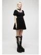 Black Chinese Style Jacquard Elasticity Fabric Puff Sleeves Pleated Waist Design Decorative Webbing Punk Short Dress