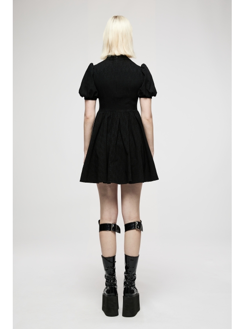 Black Chinese Style Jacquard Elasticity Fabric Puff Sleeves Pleated Waist Design Decorative Webbing Punk Short Dress