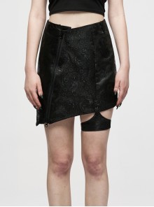 Punk Chinese Style Exquisite Dragon Pattern Jacquard Irregular Detachable Leg Loop Straight Simple Black Skirt
