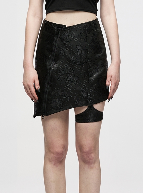 Punk Chinese Style Exquisite Dragon Pattern Jacquard Irregular Detachable Leg Loop Straight Simple Black Skirt