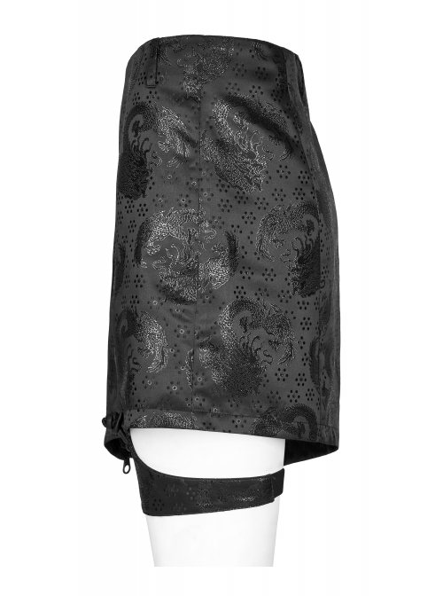 Punk Chinese Style Exquisite Dragon Pattern Jacquard Irregular Detachable Leg Loop Straight Simple Black Skirt