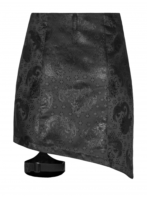 Punk Chinese Style Exquisite Dragon Pattern Jacquard Irregular Detachable Leg Loop Straight Simple Black Skirt