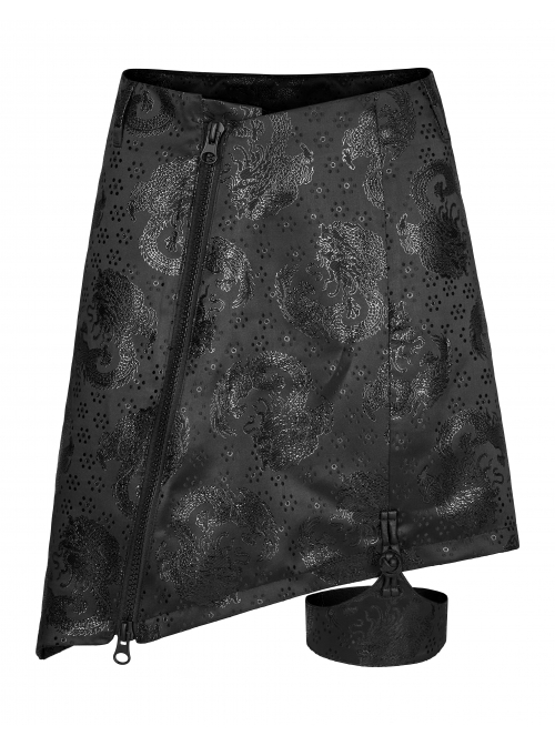 Punk Chinese Style Exquisite Dragon Pattern Jacquard Irregular Detachable Leg Loop Straight Simple Black Skirt