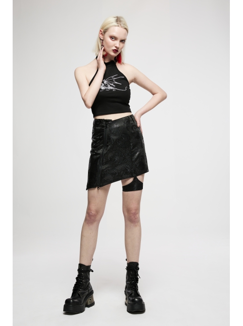 Punk Chinese Style Exquisite Dragon Pattern Jacquard Irregular Detachable Leg Loop Straight Simple Black Skirt