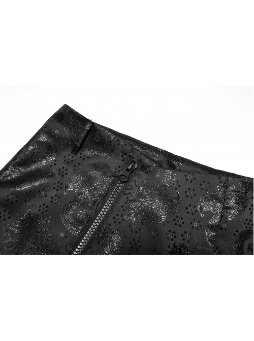 Punk Chinese Style Exquisite Dragon Pattern Jacquard Irregular Detachable Leg Loop Straight Simple Black Skirt