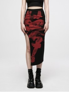 Chinese Style Red Handwritten Ink Print Metal Buttonhole Chain Decoration Personality Asymmetric Punk Slit Skirt