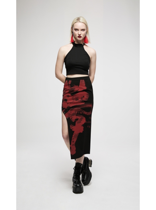 Chinese Style Red Handwritten Ink Print Metal Buttonhole Chain Decoration Personality Asymmetric Punk Slit Skirt