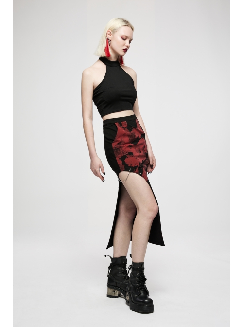 Chinese Style Red Handwritten Ink Print Metal Buttonhole Chain Decoration Personality Asymmetric Punk Slit Skirt