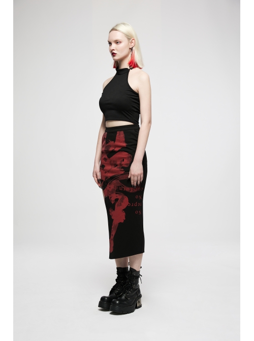 Chinese Style Red Handwritten Ink Print Metal Buttonhole Chain Decoration Personality Asymmetric Punk Slit Skirt