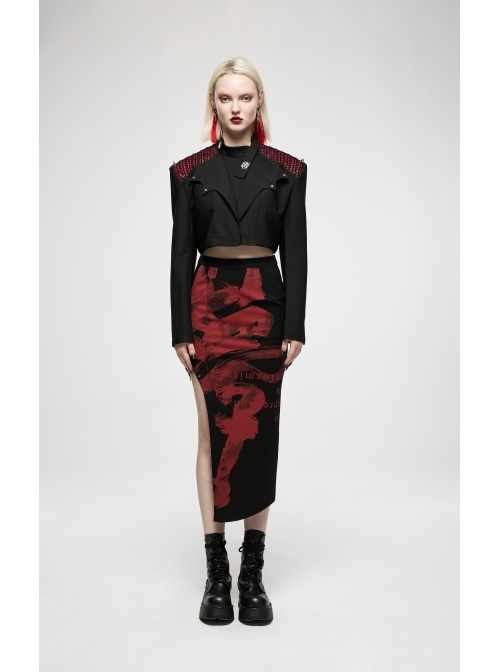 Chinese Style Red Handwritten Ink Print Metal Buttonhole Chain Decoration Personality Asymmetric Punk Slit Skirt