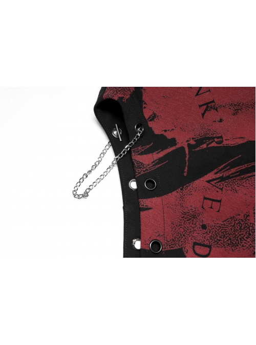 Chinese Style Red Handwritten Ink Print Metal Buttonhole Chain Decoration Personality Asymmetric Punk Slit Skirt