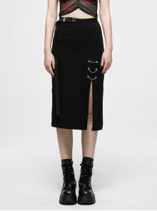 Dark Minimalist Comfortable Straight Knit Sexy Slit Metal Chain Decoration Belt Black Punk Long Skirt