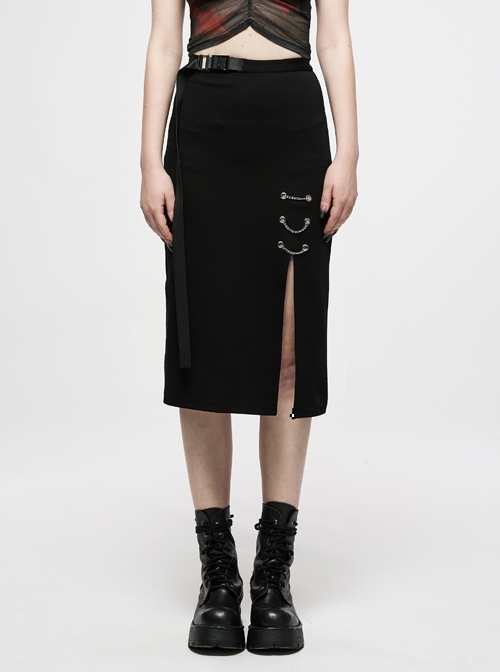 Dark Minimalist Comfortable Straight Knit Sexy Slit Metal Chain Decoration Belt Black Punk Long Skirt