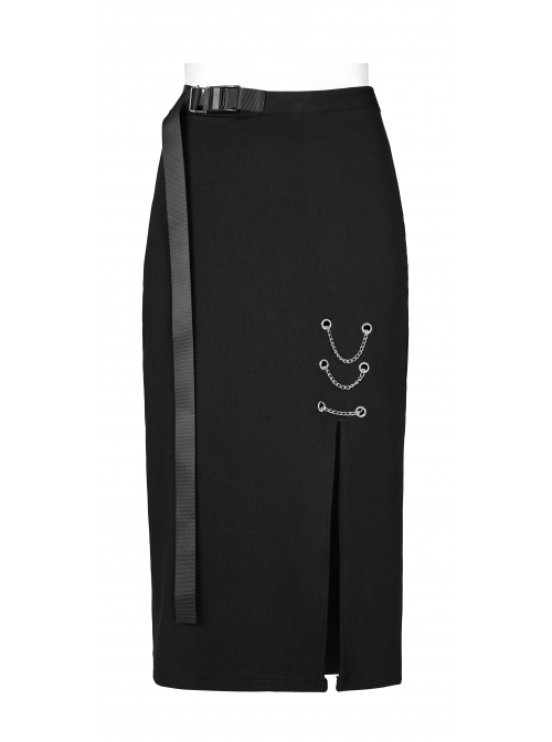 Dark Minimalist Comfortable Straight Knit Sexy Slit Metal Chain Decoration Belt Black Punk Long Skirt
