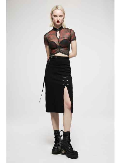 Dark Minimalist Comfortable Straight Knit Sexy Slit Metal Chain Decoration Belt Black Punk Long Skirt
