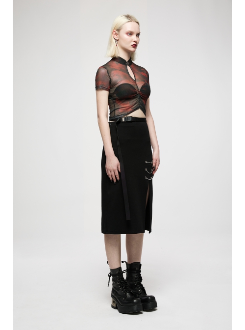 Dark Minimalist Comfortable Straight Knit Sexy Slit Metal Chain Decoration Belt Black Punk Long Skirt