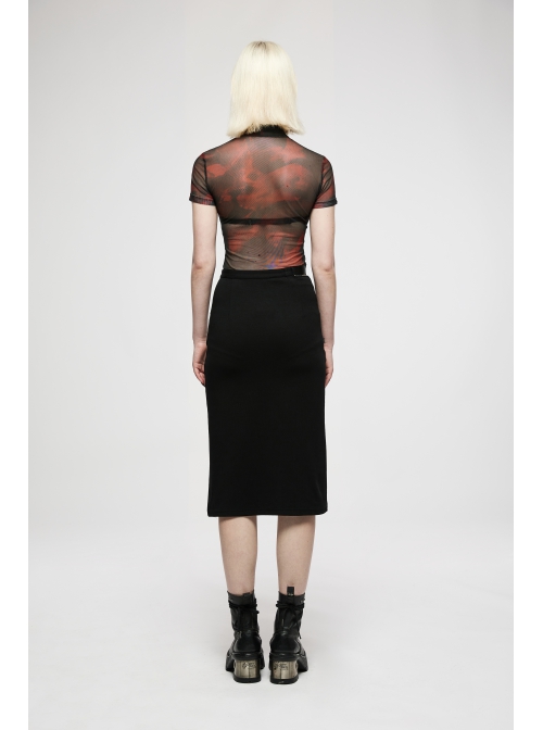 Dark Minimalist Comfortable Straight Knit Sexy Slit Metal Chain Decoration Belt Black Punk Long Skirt