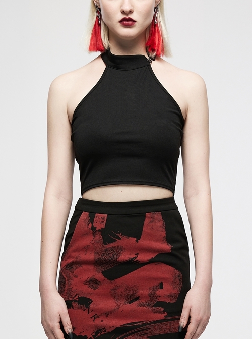 Dark Minimalist Chinese Style Knitting Asymmetric Cheongsam Collar Metal Cloud Buckle Punk Sexy Halterneck Vest