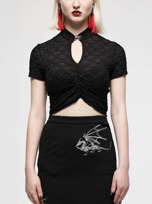 Black Sexy Slim Fit Dark Chinese Style Minimalist Elasticity See-Through Fabric Hollow Metal Buckle Design Vest