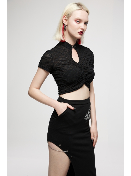 Black Sexy Slim Fit Dark Chinese Style Minimalist Elasticity See-Through Fabric Hollow Metal Buckle Design Vest