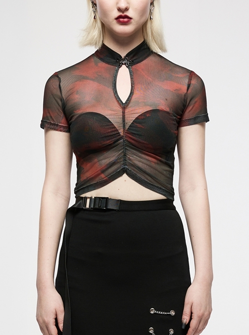 Punk Sexy Dark Red Chinese Style Sheer Printed Fabric Hollow Design Short-Sleeved T
