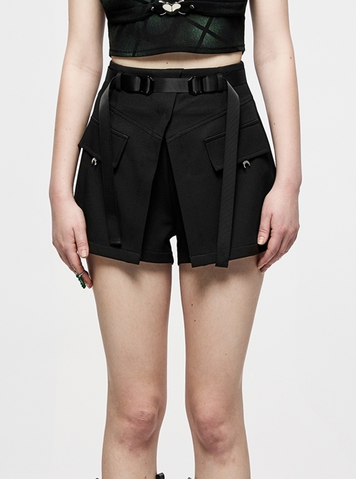 Black Casual Cross Lamination High Waist Design Metal Crescent Accessories Decoration Fake Two-Piece Shorts