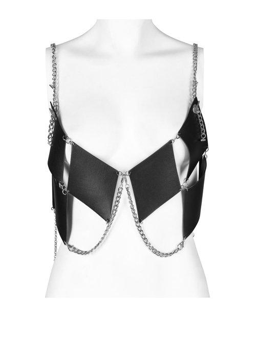 Personality Manual Multiple Pieces Of Diamond-Shaped PU Leather Metal Chain Stitching Black Punk Female Vest