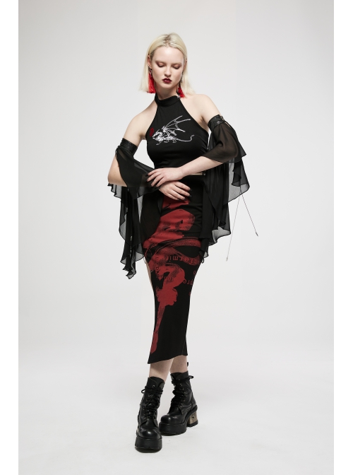 Punk Chinese Style Exquisite Dragon Pattern Jacquard Stitching Chiffon Carved Pendant Cross Straps Sleeves