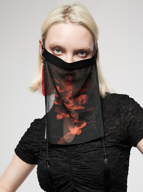 Punk Black Red Chinese Style Keel Embroidered Chiffon Fringed Hem Trim Knight Veil