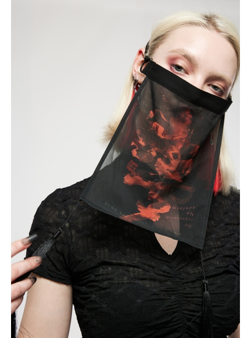 Punk Black Red Chinese Style Keel Embroidered Chiffon Fringed Hem Trim Knight Veil