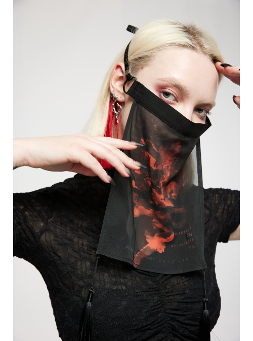 Punk Black Red Chinese Style Keel Embroidered Chiffon Fringed Hem Trim Knight Veil