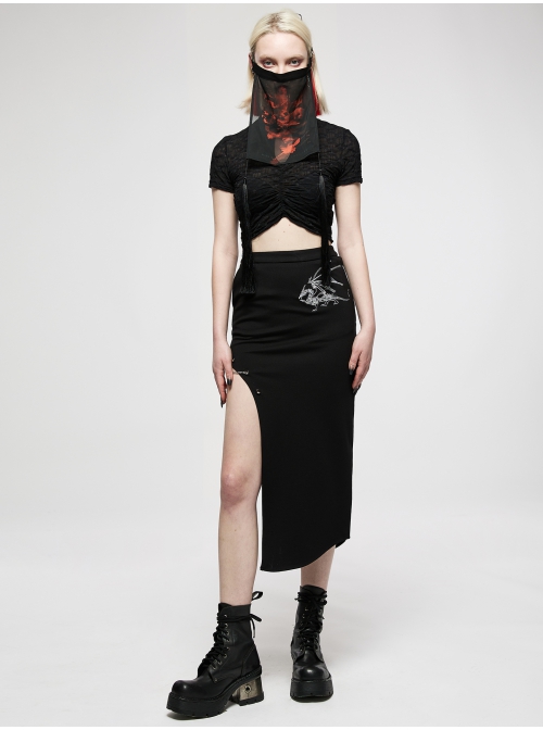 Punk Black Red Chinese Style Keel Embroidered Chiffon Fringed Hem Trim Knight Veil