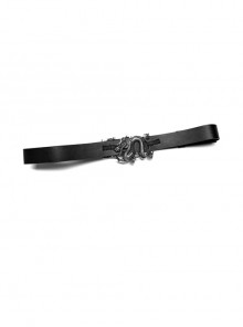 Punk Chinese Style Metal Stereoscopic Carving Dragon-Shaped Adjustable Buckle Decoration PU Leather Black Female Belt